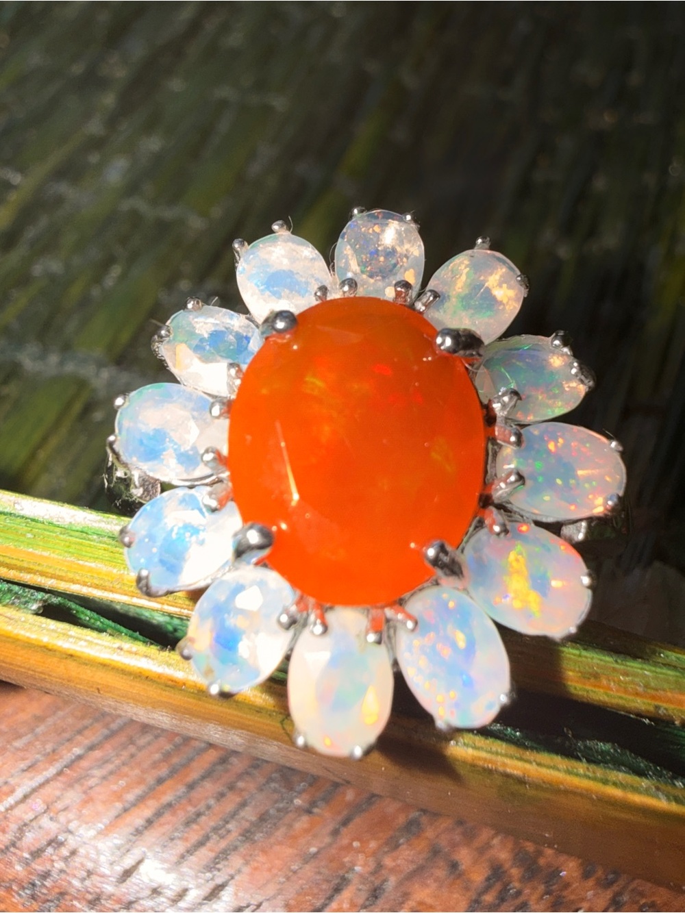 Orange Opal & Fire Opal Flower Halo Ring Sz9